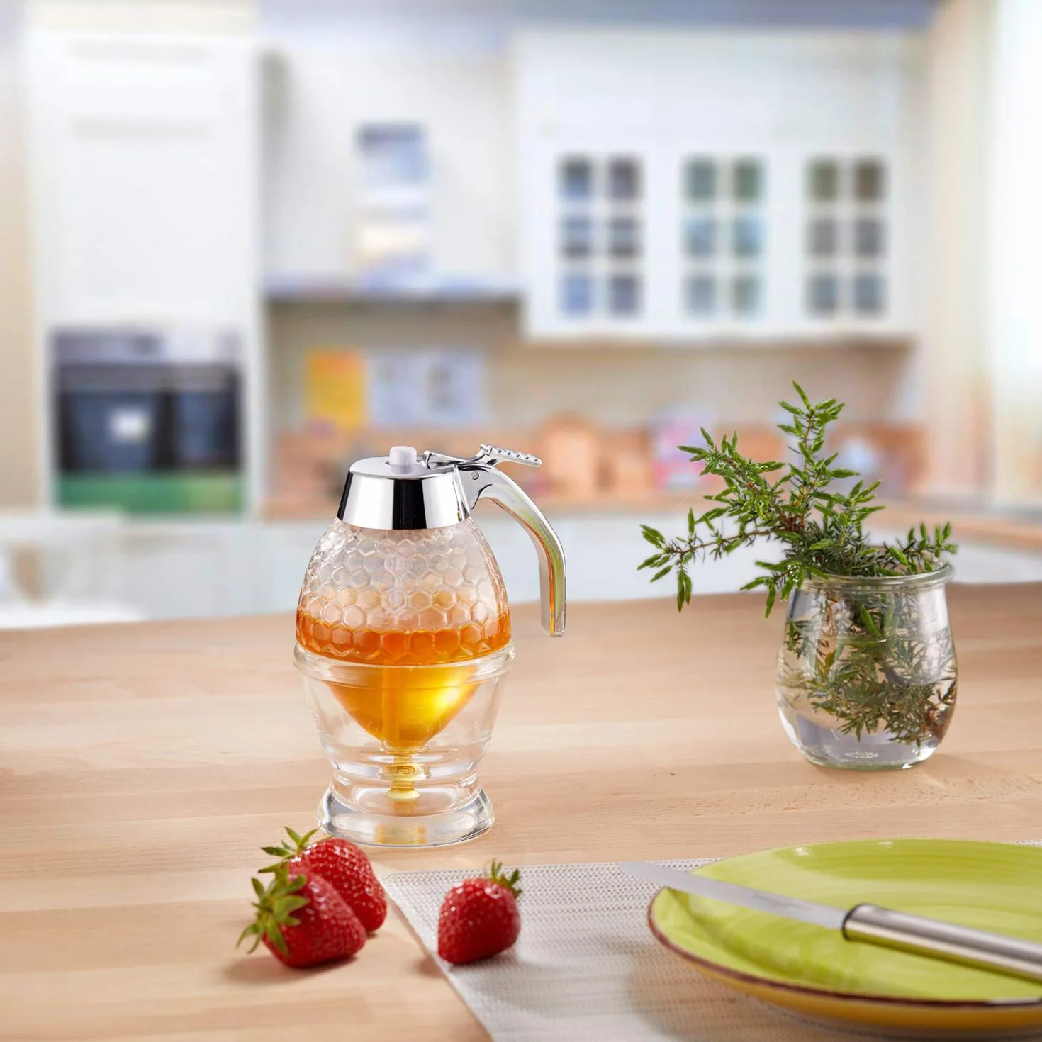 Westmark Dispensador de miel/sirope con soporte, Capacidad: 200 ml, Diseño de panal, Vidrio/plástico, de lujo, Transparente/plateado, 65132260