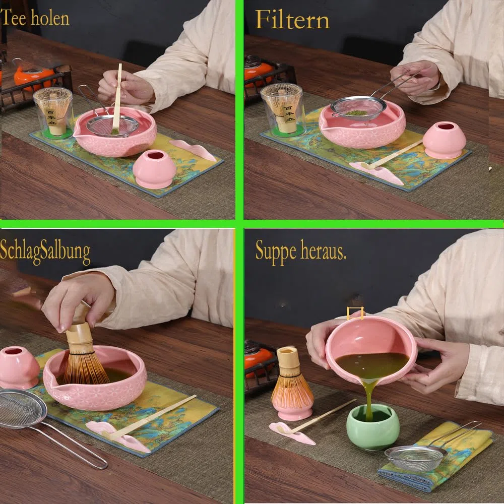 Matcha Kit 5 Pack Matcha Set Completo Batidor de Bambú Cuchara de Té Porta Chasen Cuenco de Matcha de Cerámica Utensilios te Matcha Kit Japones Accesorios Juego de té Matcha para Ceremonia (Rosa)