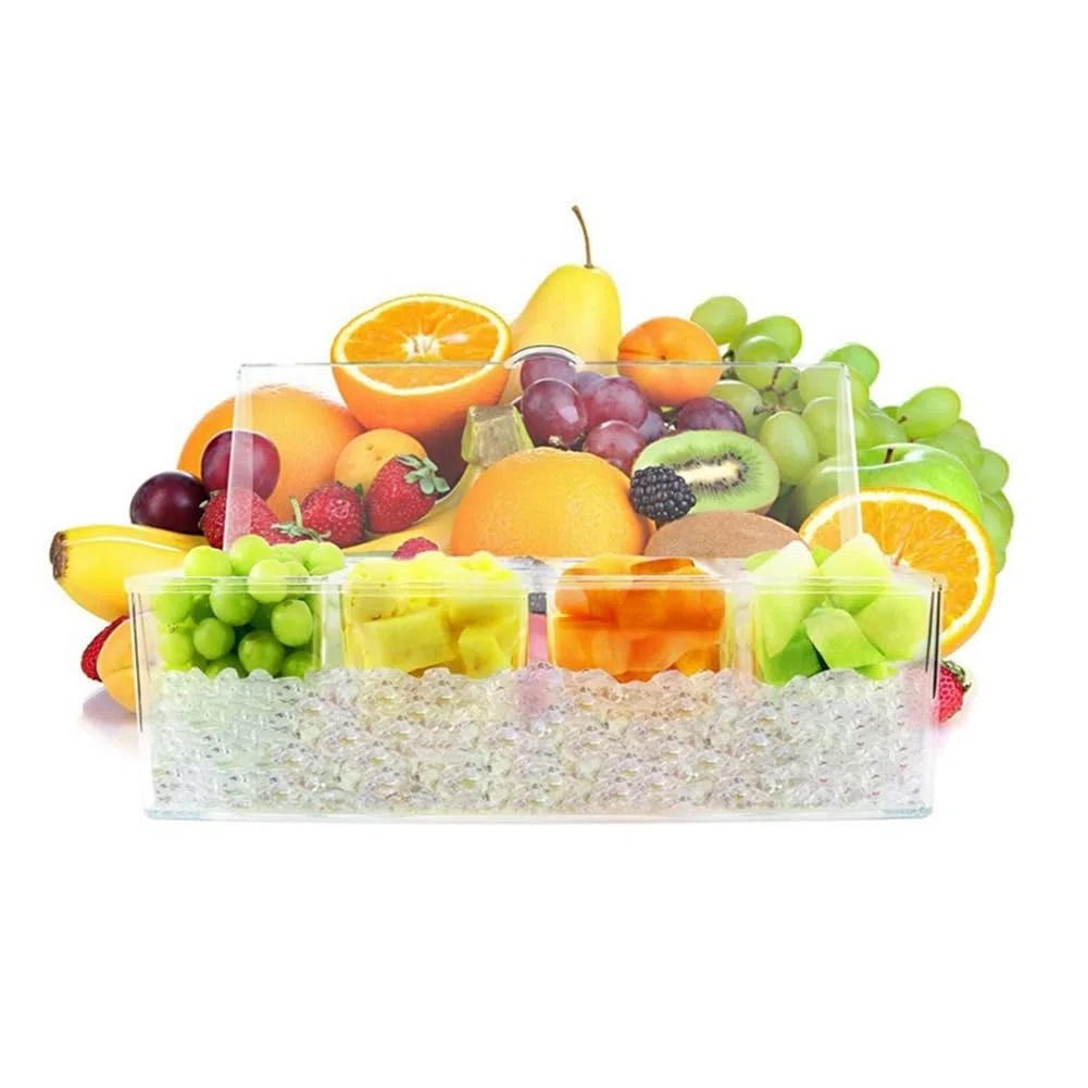 Servidor de condimentos refrigerado por hielo con 4 recipientes separados, incluye bandeja y tapas, perfecto para barbacoas, fiestas y cenas al aire libre, mantiene las salsas frescas y frías