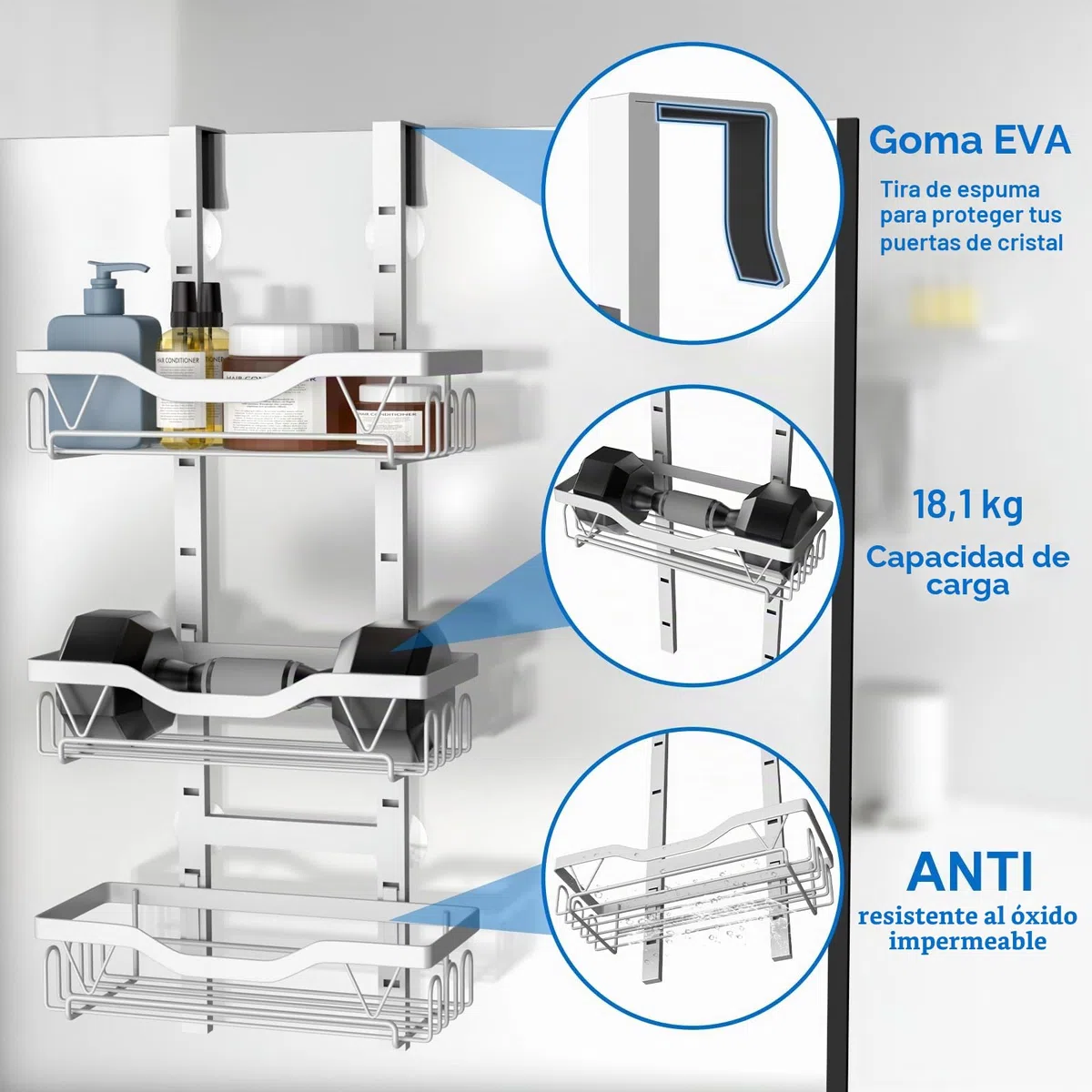 Estanteria Baño para Colgar, 3 Niveles Estante Ducha Ajustable, Estanteria Baño sin Taladro para Colgar en Puertas de Ducha de Vidrio (Blanco)