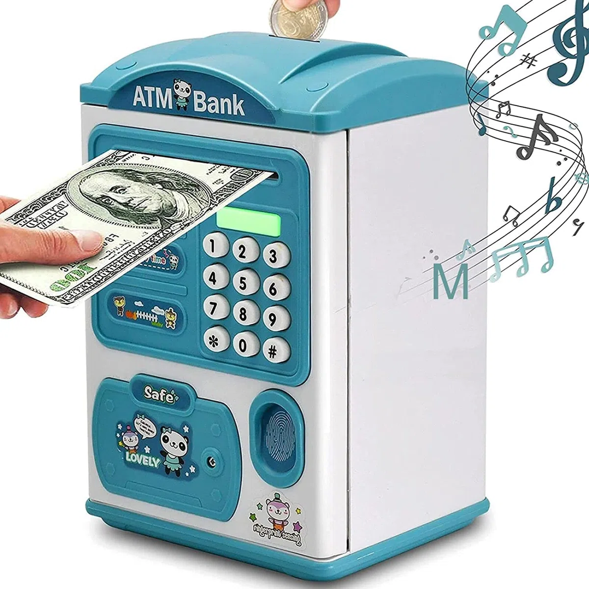 Hucha Infantil Niños, Alcancía con Huellas Dactilares y Bloqueo de Contraseña, Mini Caja Fuerte Electrónica para Cajero Automático Bancos, Juguete de Regalo de Cumpleaños (Azul)