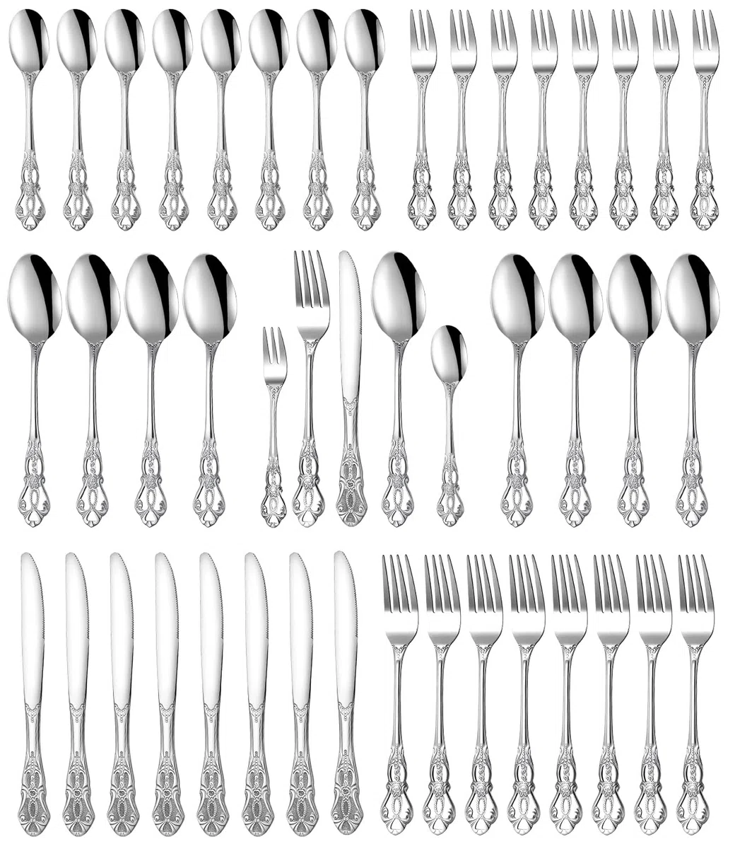 Set de Cubiertos 40 Piezas, Cubiertos Acero Inoxidable, Acabado Pulido Brillante, Juego de Cubertería con Cuchillo, Tenedor, Cuchara, Apto para Lavavajillas,Plata