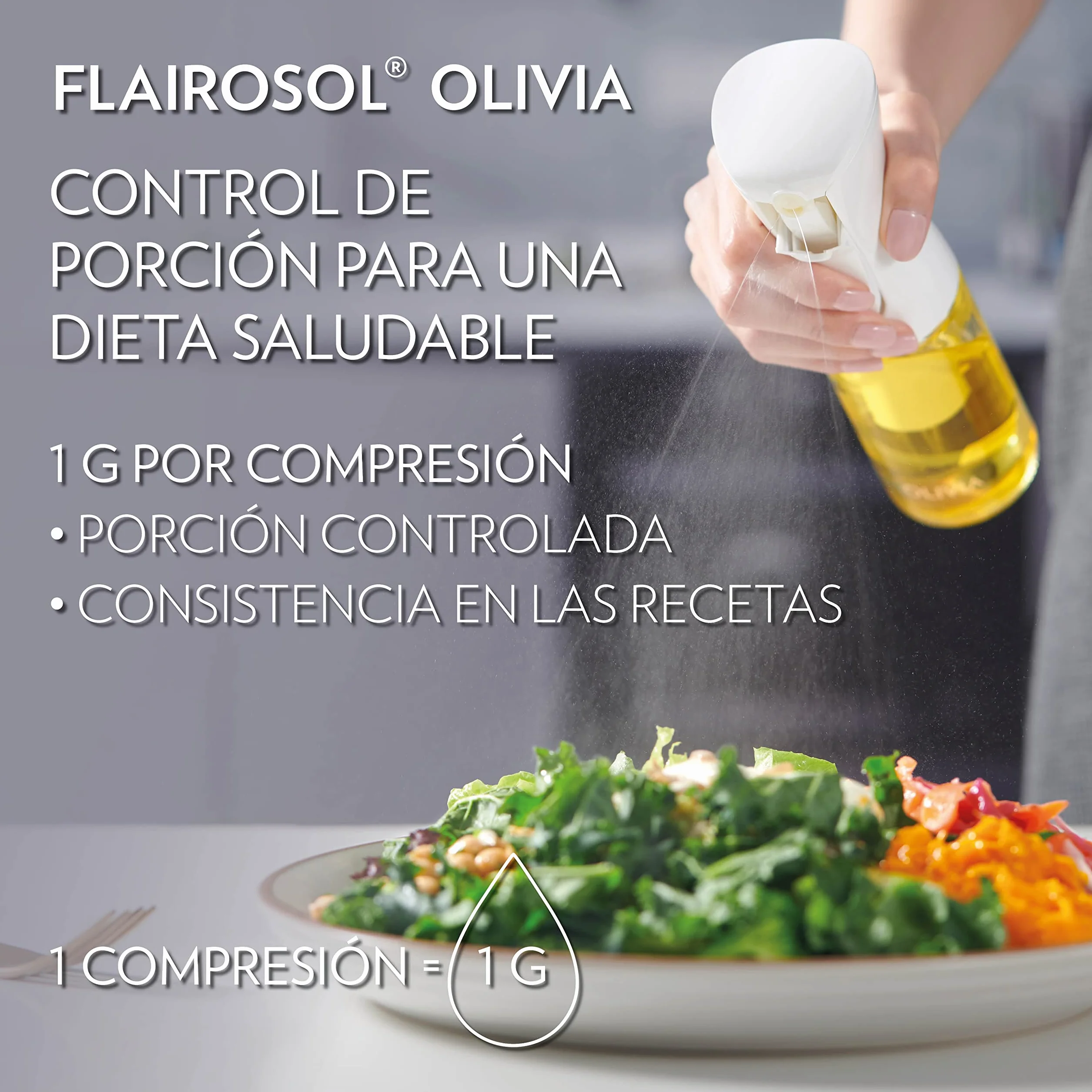 FLAIROSOL OLIVIA. El Pulverizador de Aceite Avanzado Original para Cocina, Barbacoas, Pulverización Continua con Control de Porciones, Confiado por Chefs. Tecnología Patentada.130 ml (Logo Dorado)