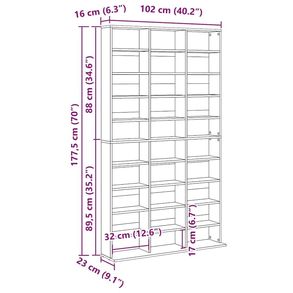 Armario para CD de color gris hormigón, 102 x 16 x 177,5 cm, material de madera con 30 compartimentos abiertos para música, accesorios y espacio de almacenamiento, se puede montar en la pared