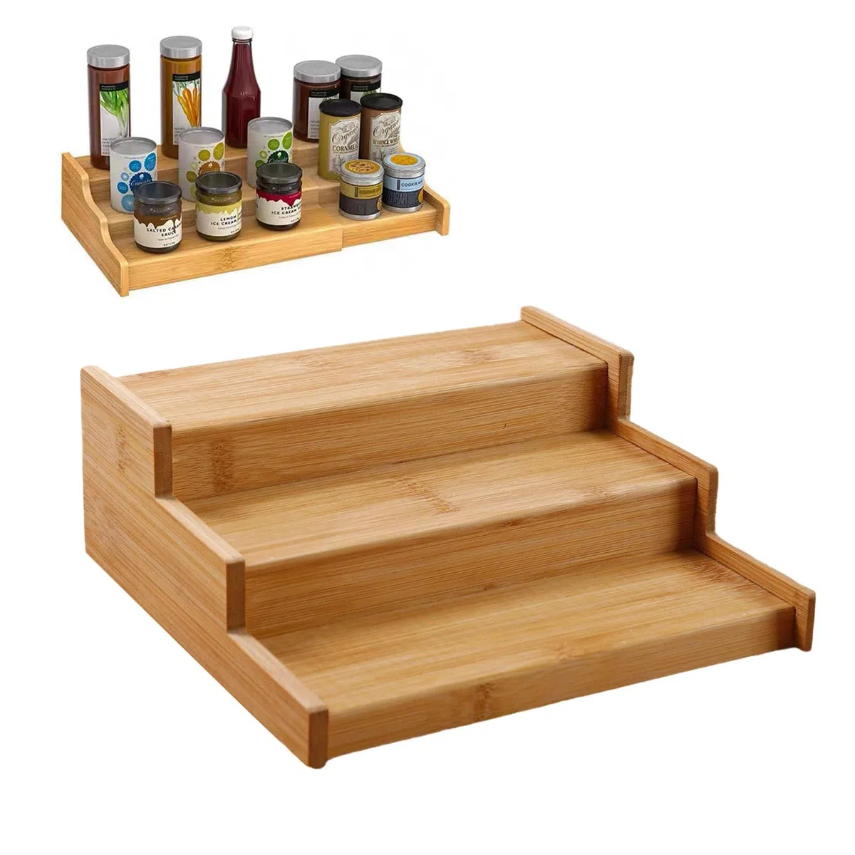 Especiero Extensible de 3 Niveles Especiero Bambú Organizador de Estante de Especias de 3 Niveles Soporte Botes Especias, Madera Natural para Armario de Cocina