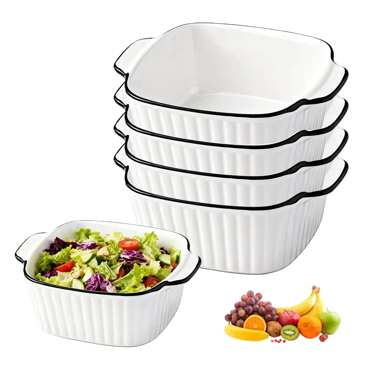 Juego de 4 cazuelas de cerámica de 400 ml, pequeñas 14,3 x 11 x 5,3 cm, moldes cuadrados con asas, apilables de cerámica para freidora de aire caliente, horno y microondas