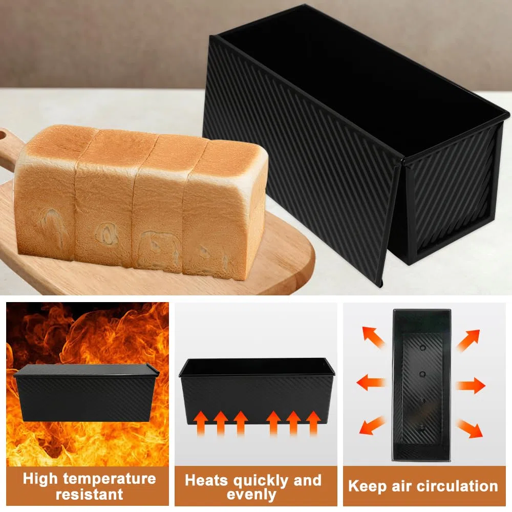 Moldes Para Pan Con Tapa Masa de 1000g, Antiadherente Grande Molde Para Pan De Molde Con Tapa, Molde Pan De Molde Acero Al Carbono Corrugado Para Hornear Tostadas, Pan, Pasteles y Sándwiches