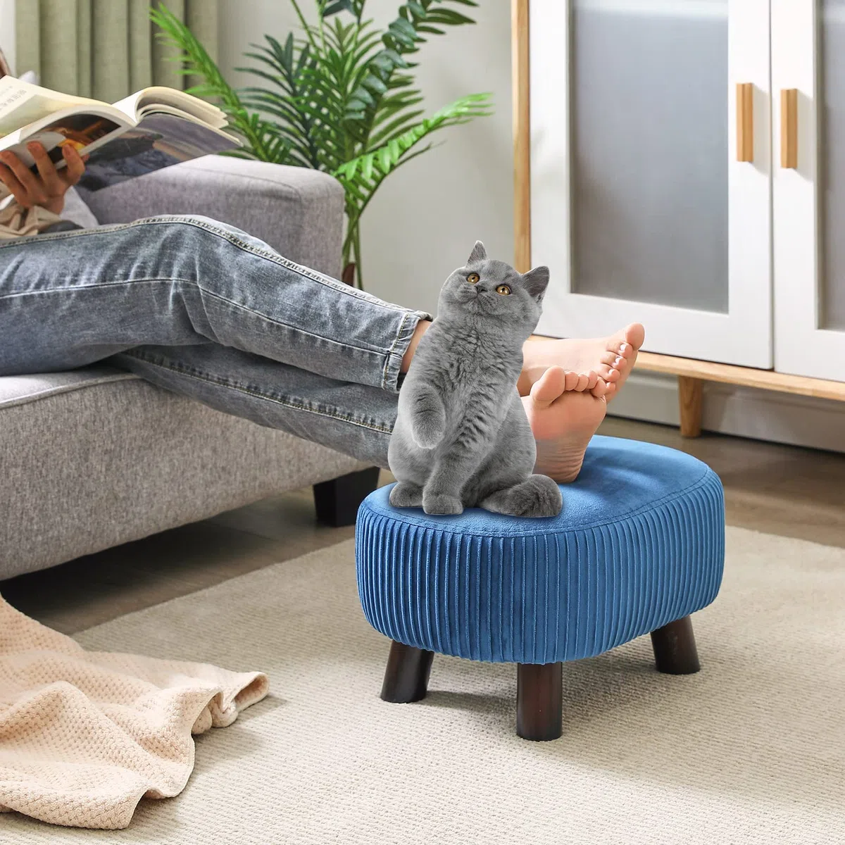 YMYNY Puf Otomana De Madera, Reposapiés Curvo Pequeño con Asa, Taburete De Sofá con Cojín De Asiento Suave, para Dormitorio, Sala De Estar, 40 × 28 × 23 CM, Azul Marino HBD021Q