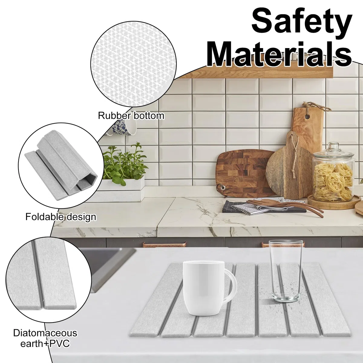 Stone Drying Mat Kitchen 40 x 30 cm - Alfombrilla plegable para escurreplatos, antideslizante, absorción de agua, secado, aislamiento térmico, vajilla de apoyo, vajilla (gris, 40 + 30