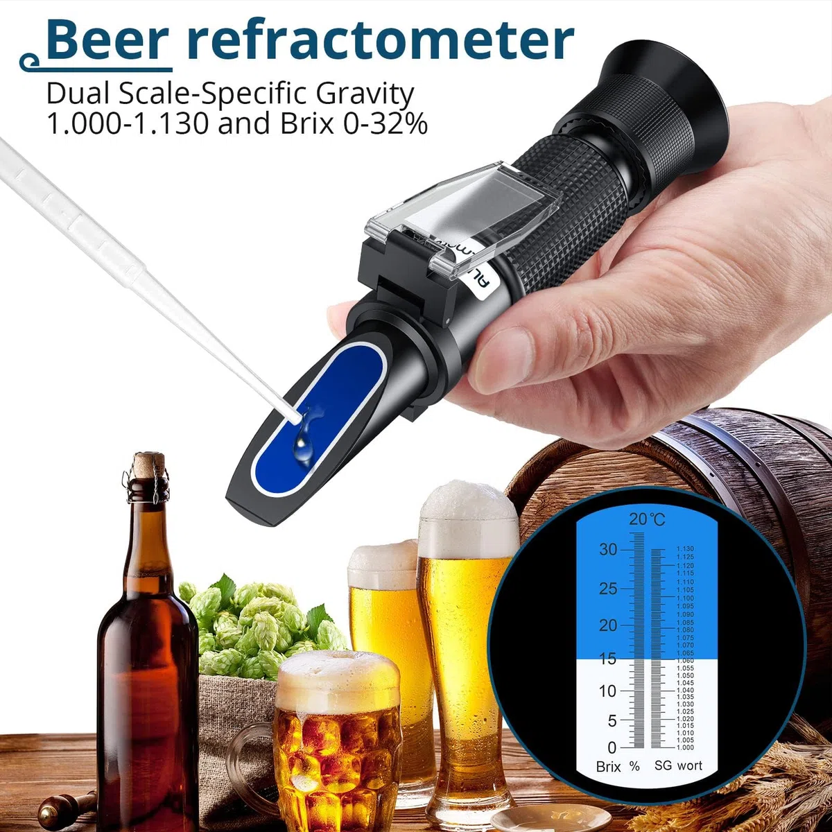 Refractómetro Brix 0-32% SG 1,000-1,130 para Cerveza de Mosto, Refractómetro Portátil de Mano con Doble Escala con ATC con Instruccion