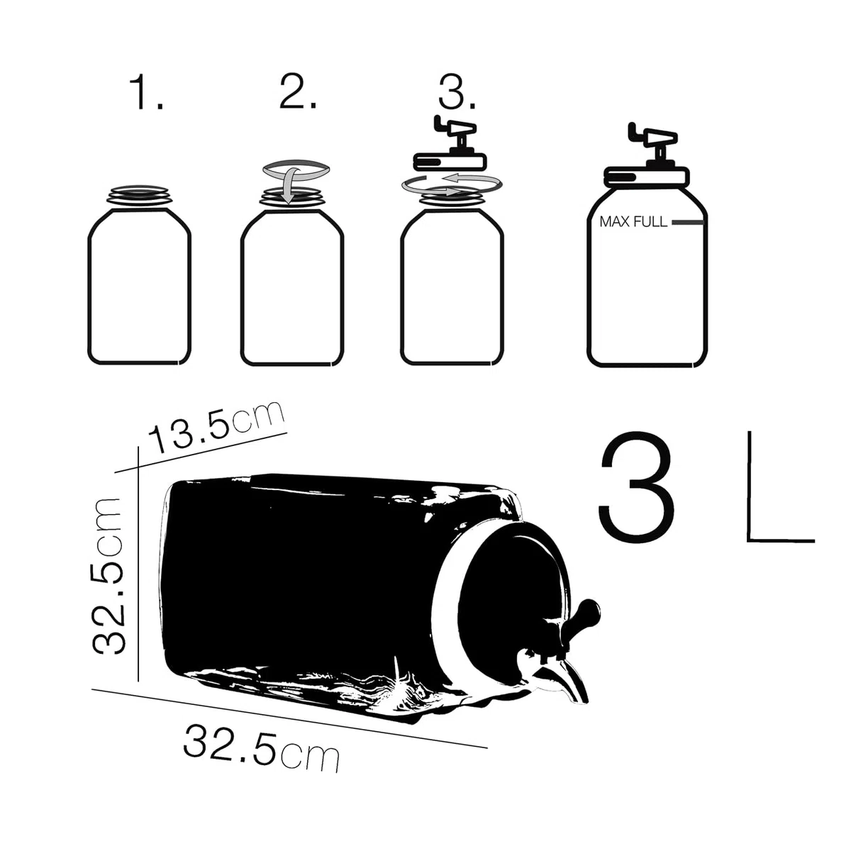 Dispensador de Bebidas con Grifo 3L, Recipiente Transparente de Cristal, Botella Bebidas de Vidrio con Tapa y Cierre Giratorio, Resistente al calor - Longitud 32.5 x Profundidad 13.5 x Altura 32.5cm