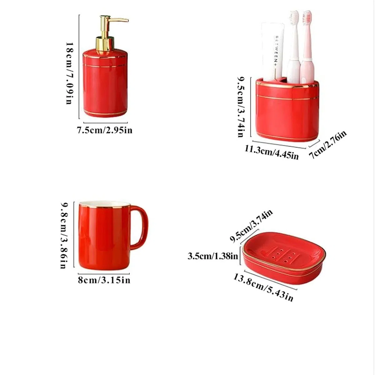 Dosificador de jabón Accesorios de baño Conjunto de cerámica Cerámica de 6 piezas Rojo - Kit de decoración de baño incluye dispensador de jabón Soporte de cepillo de dientes Soporte de cepillo de vaso