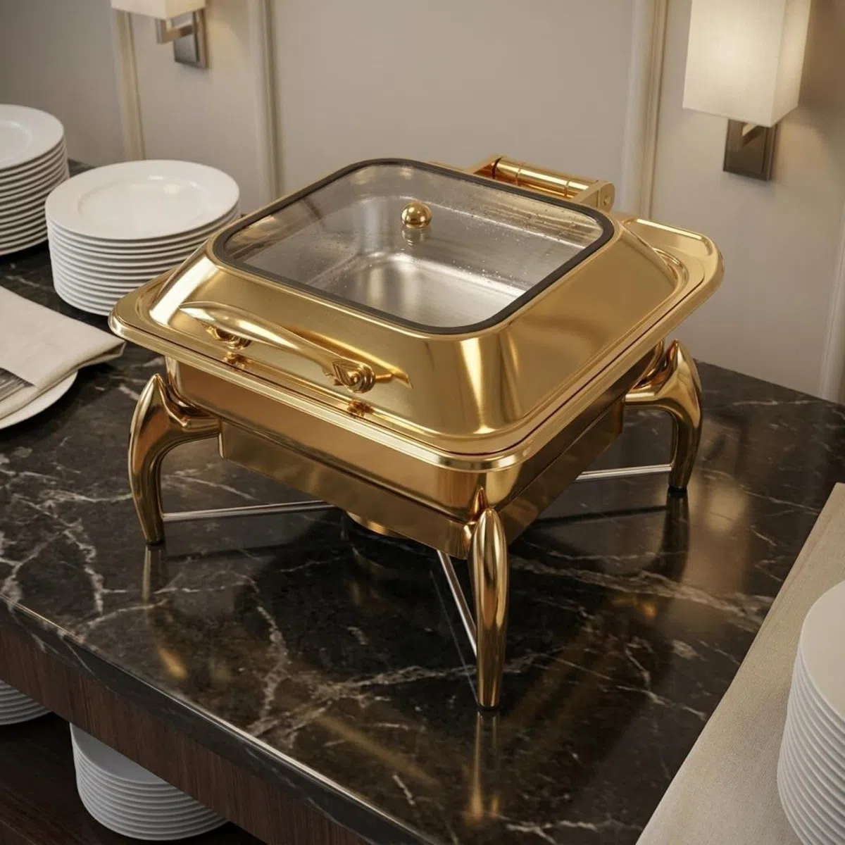 Calentador de Buffet Chafing Dish Recipiente Servidor Acero Inoxidable Dorado 9L la Comida Caliente Patas Uso Continuo Adecuado para Hoteles Bufés, Cuadrado De 6L con Soporte