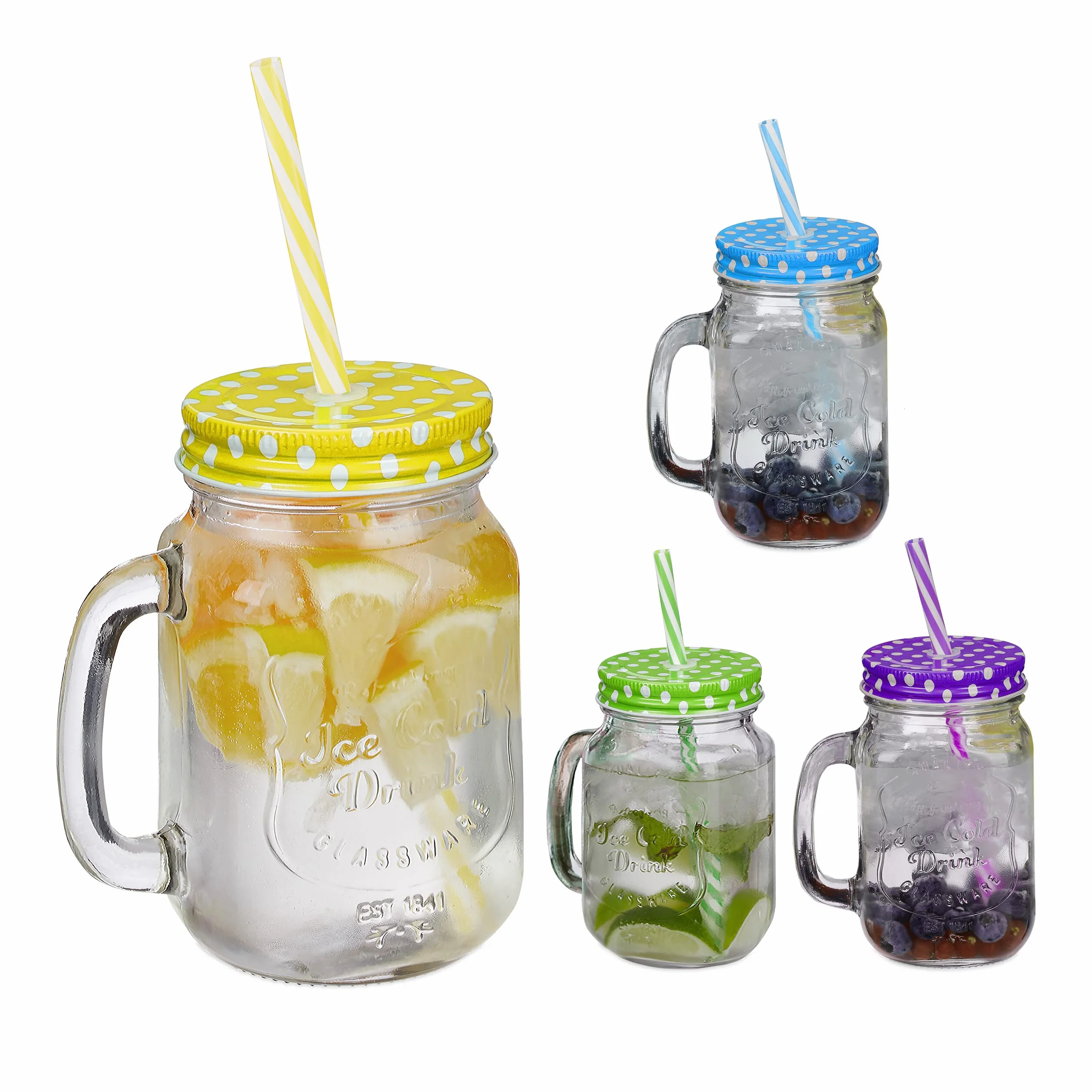 Relaxdays Jarras con Tapa y Pajita, Set de 4 Jarritas Limonada, 500 ml, Vasos Retro Veraniegos con Asa, Multicolor