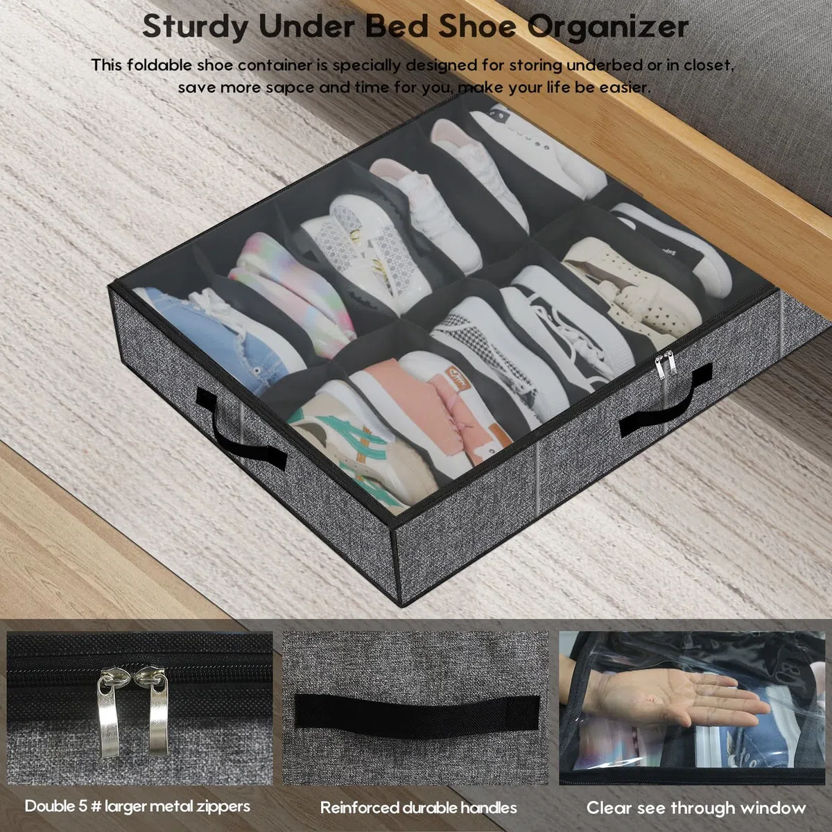 Onlyeasy MXBUBS16P2 - Organizador resistente, almacenamiento zapatos, bajo la cama, asas y ventana transparente, 16-32 pares, plegable, alta calidad, armario, 96 x 60 x 15 cm, negro, similar algodón