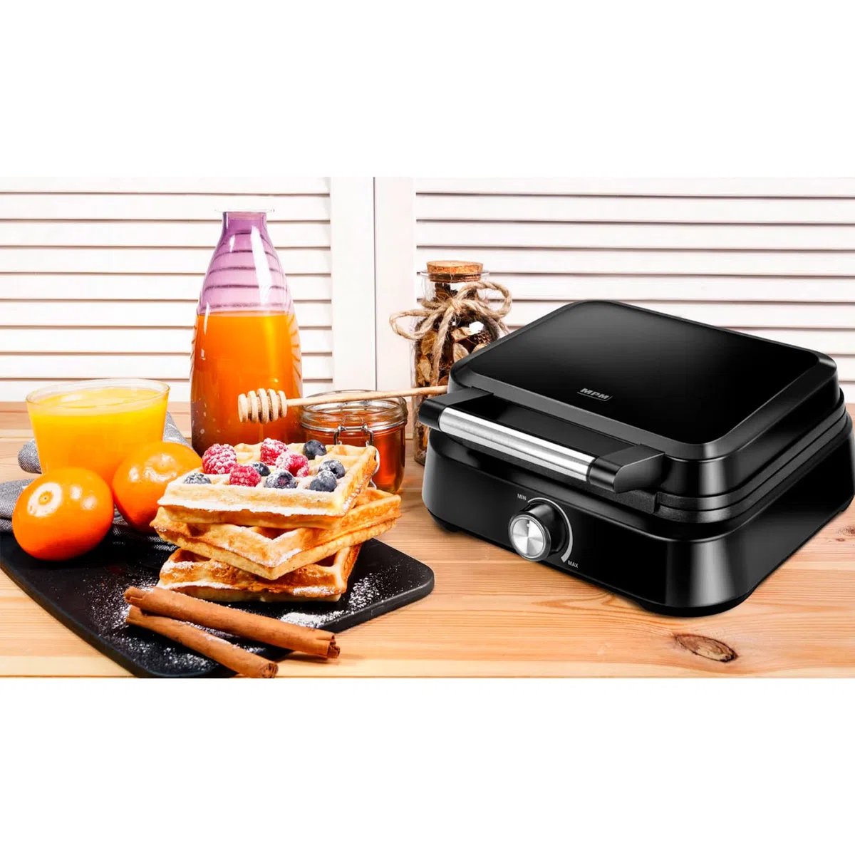 MPM MGO-40 Gofrera Profesional para 2 Gofres Belgas Gruesos, Placas Antiadherentes, Regulador de Temperatura, 1500W, Negro
