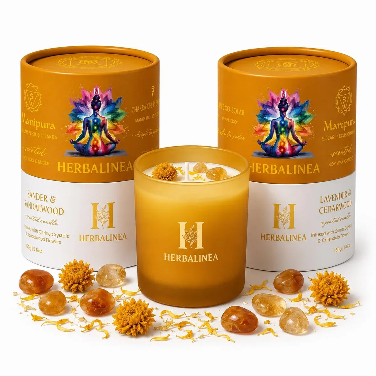 Vela Chakra de Soja 100% con Piedras Naturales y Flores Secas, Vela Aromática para Meditación, Yoga, Relajación y Decoración, Regalo Original, 160 g (Amarillo - Chakra Plexo Solar)
