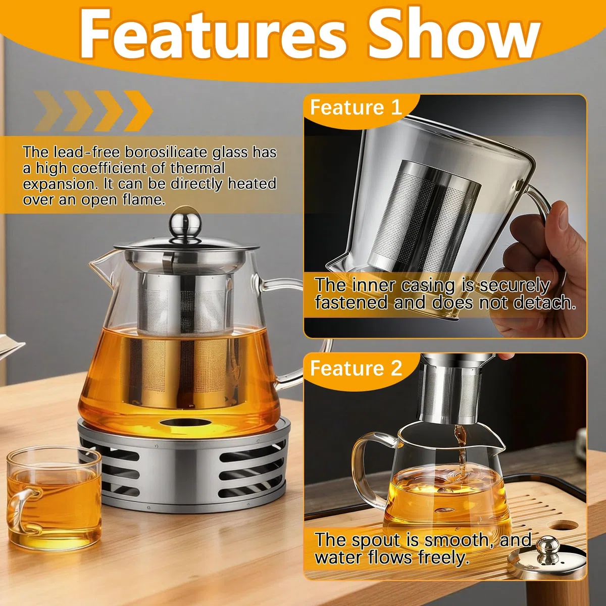 Teteras de Vidrio con Infusor, 1300ML Tetera de Cristal Borosilicato con 4 Tazas Tetera de Cristal para Hornillo con Calientaplatos Tea Pot Transparente Cristal para Té Hojas Sueltas Frutas Flor