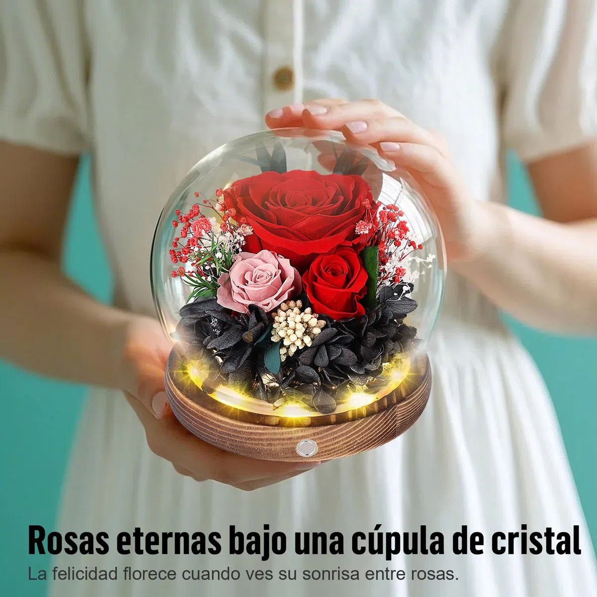 Rosa Eterna en Cúpula de Cristal con LED, Rosa Preservada por 5 Años, Flores Preservadas, Regalo para Mujer, Mamá, Novia o Esposa, Día de la Madre, San Valentín, Cumpleaños y Aniversario (Roja)