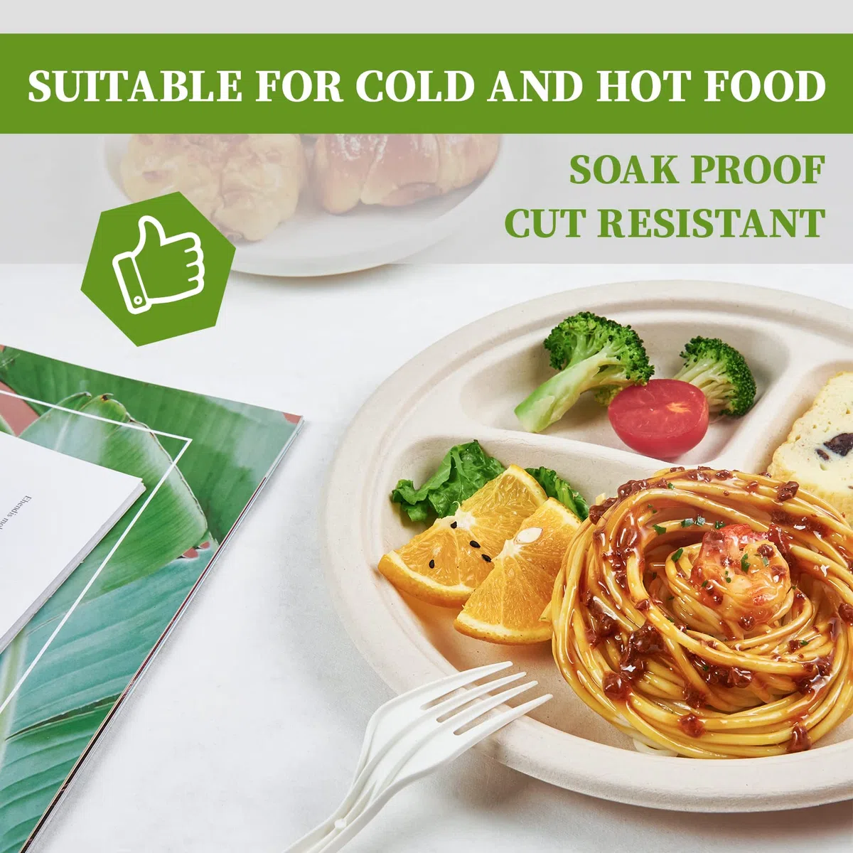 ECOLipak Paquete de 125 platos desechables de 3 compartimentos, platos de papel compostables de 10 pulgadas, platos de papel biodegradables resistentes hechos de fibras de caña de azúcar ecológicas