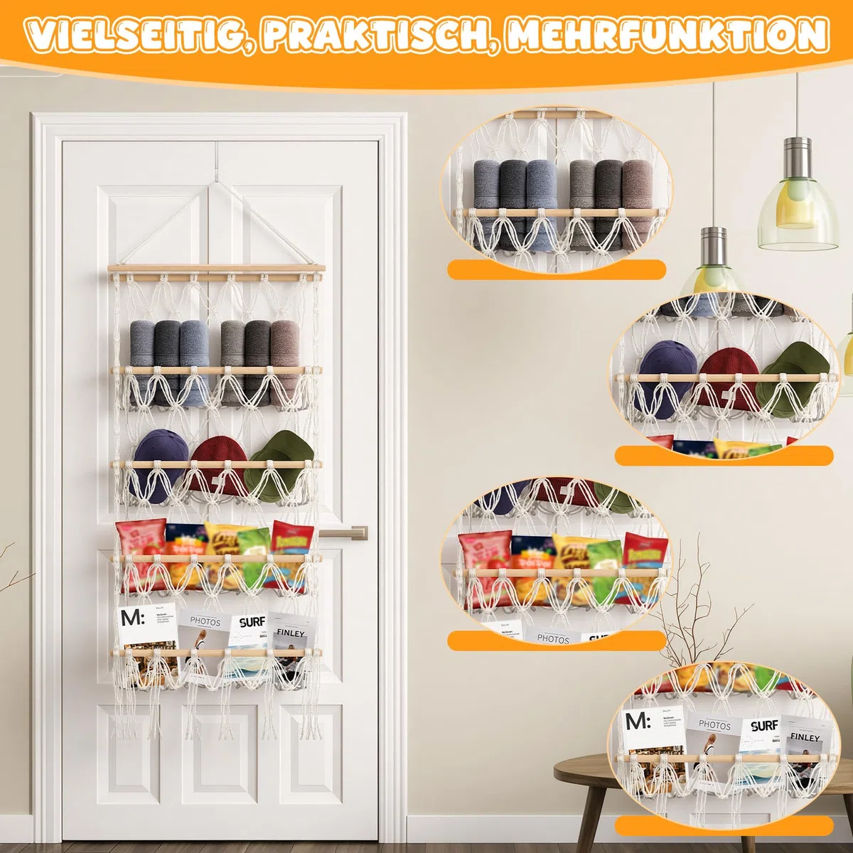 Meetory Red de almacenamiento de 42 cm, 4 pisos, estilo bohemio, macramé, red de peluche, almacenamiento con ganchos para habitación infantil, dormitorio, salón