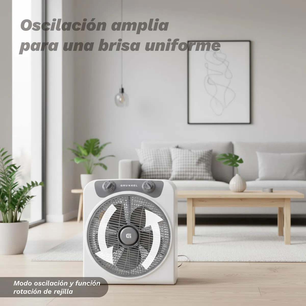 Grunkel - Ventilador de suelo potente y ligero - BOXFAN - Circulador de aire con temporizador de 60 minutos y 3 velocidades. Aspas 30cm de diámetro, función oscilación. - 50W