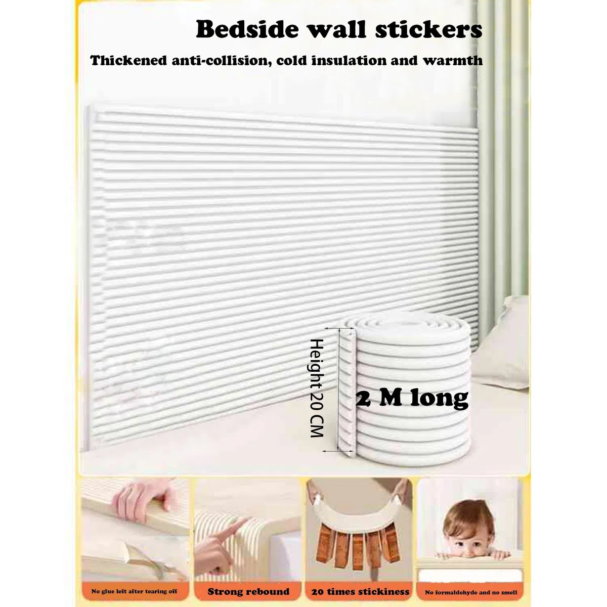 Paneles de Pared con Tapizados, 200 x 20 CM Acolchado de Pared Anticolisión, Protección Tira para Bebés, Protector Pared Cama Niños Aislante/Decoración(Blanco,1 pcs)