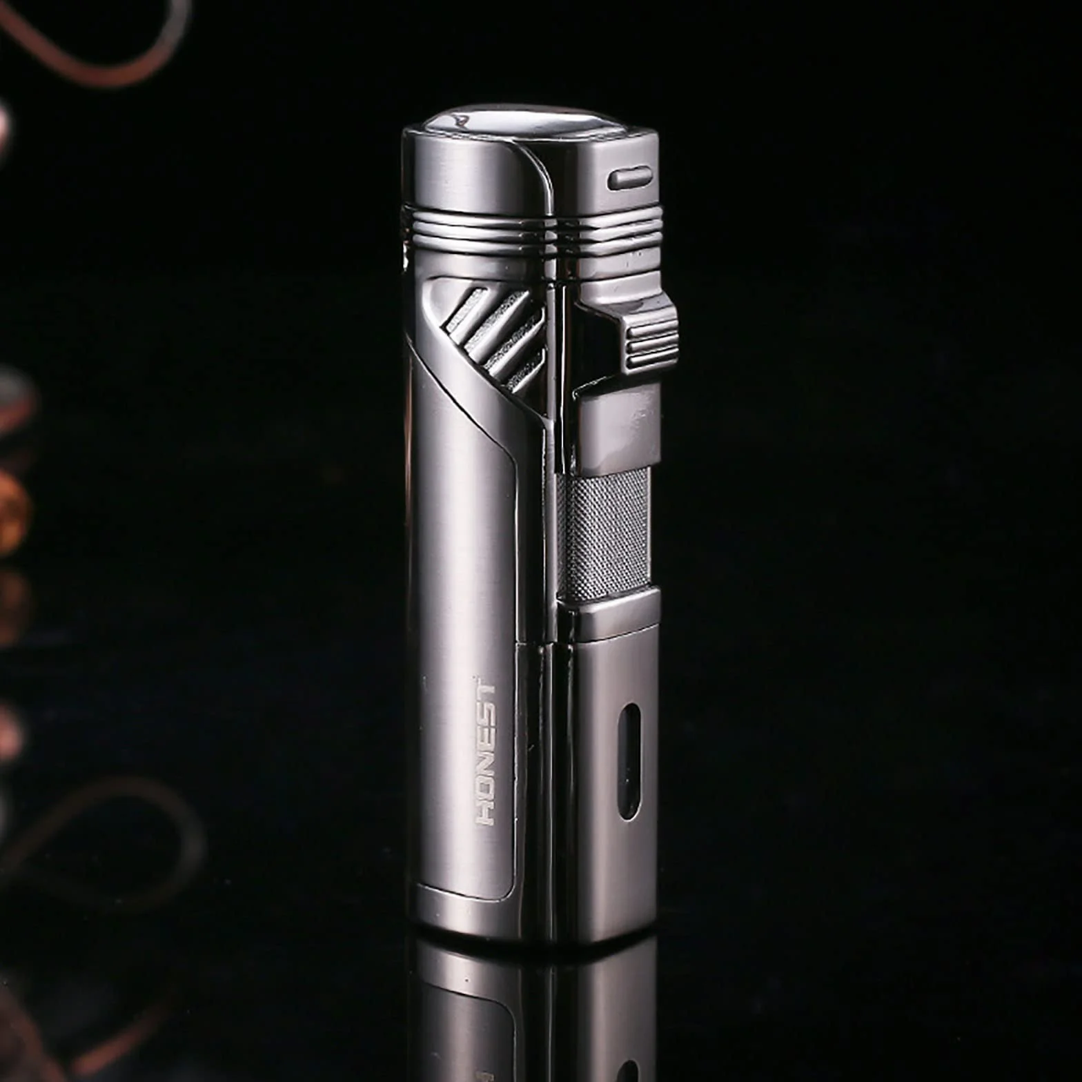 Jet Torch Encendedor Recargable Butano 4 Encendedor de Llama Rosa A Prueba de Viento con Taladro de Cigarro Ventana de Gas Visible Sin Combustible,Black,82 * 29 * 23mm
