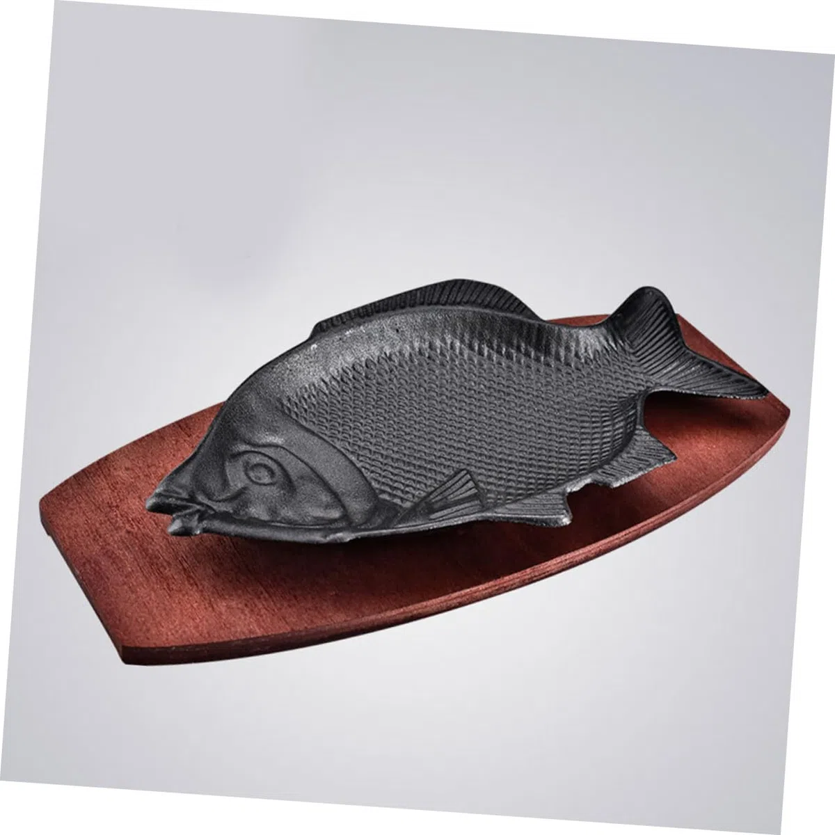 STOBAZA Bandeja de Pescado Resistente al Calor de Hierro con Base de Madera, Fácil de Limpiar, Adecuado para Restaurante y Servir Platos de Aperitivo con Forma de Pez