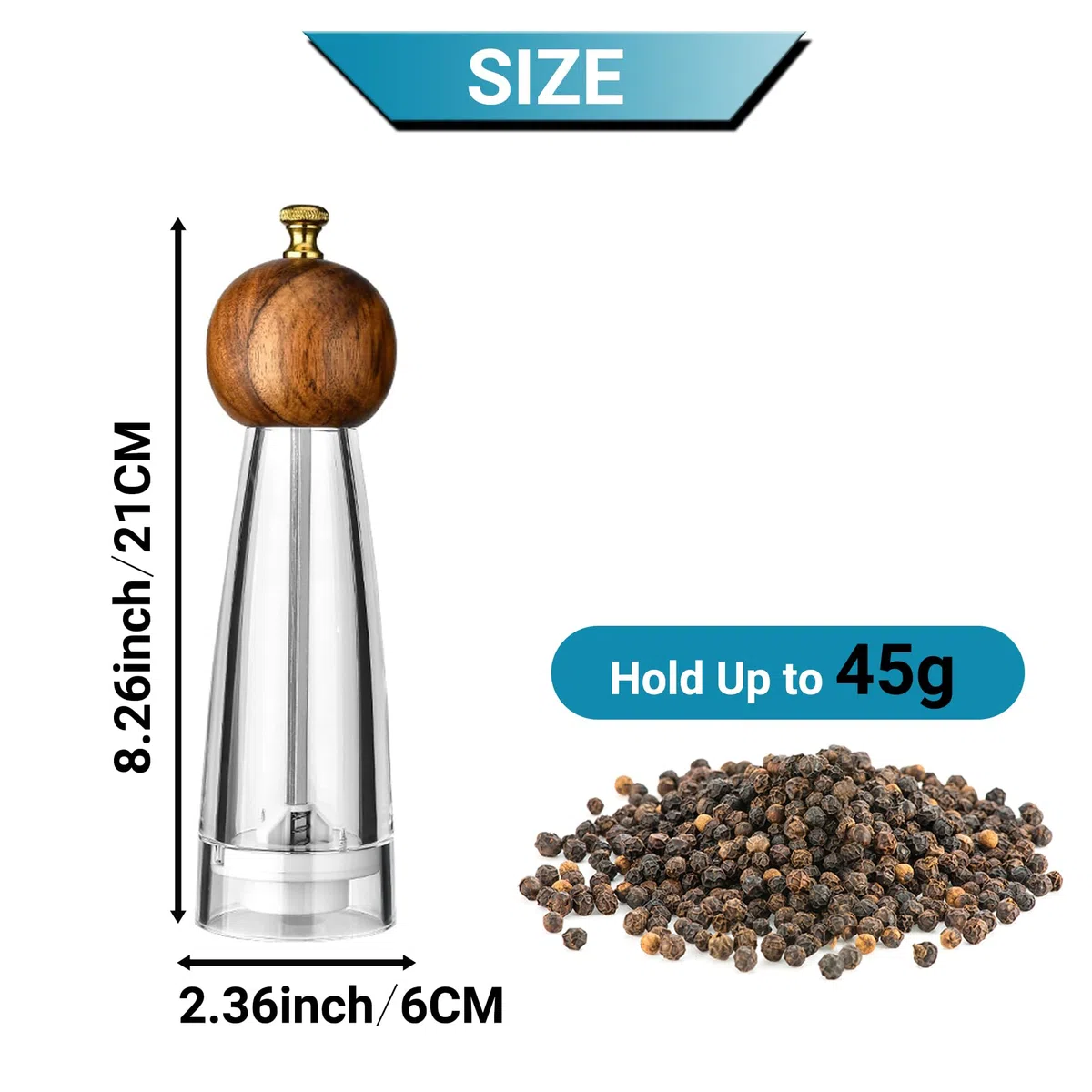 Molinos de Pimienta, Molinillo de Sal y Pimienta，Botella de Condimento de molino de sal de pimienta de gran capacidad 2pcs 8in, núcleo cerámico, molino de tamaño de partícula ajustable para especias