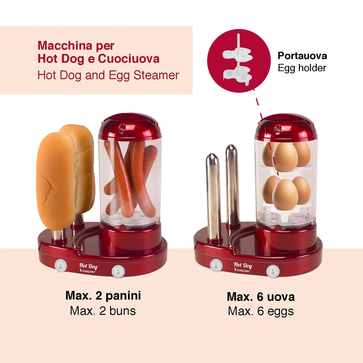 BEPER P101CUD502 Máquina para hacer perritos calientes y cocer huevos 3 en 1, vaporera para salchichas y huevos, calentador de panecillos con 2 varillas de acero inoxidable, 440 W, interruptor doble