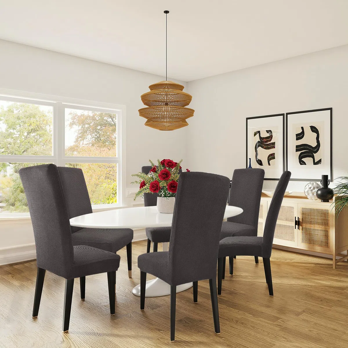 Fundas para sillas 6 Piezas Fundas de Sillas de Comedor Elástico Jacquard Cubiertas de Silla Funda de Silla elástica Fundas Sillas para Decoración de Fiesta (Gris Carbono, 6 Piezas)-M
