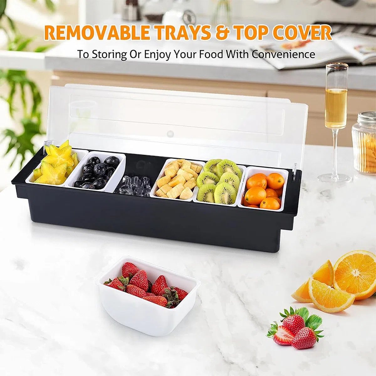 Juego de accesorios multiusos para bar, bandeja de exhibición de frutas y condimentos, organizador de guarnición de cóctel, plato decorativo enfriado con hielo para heladerías y bares (6)