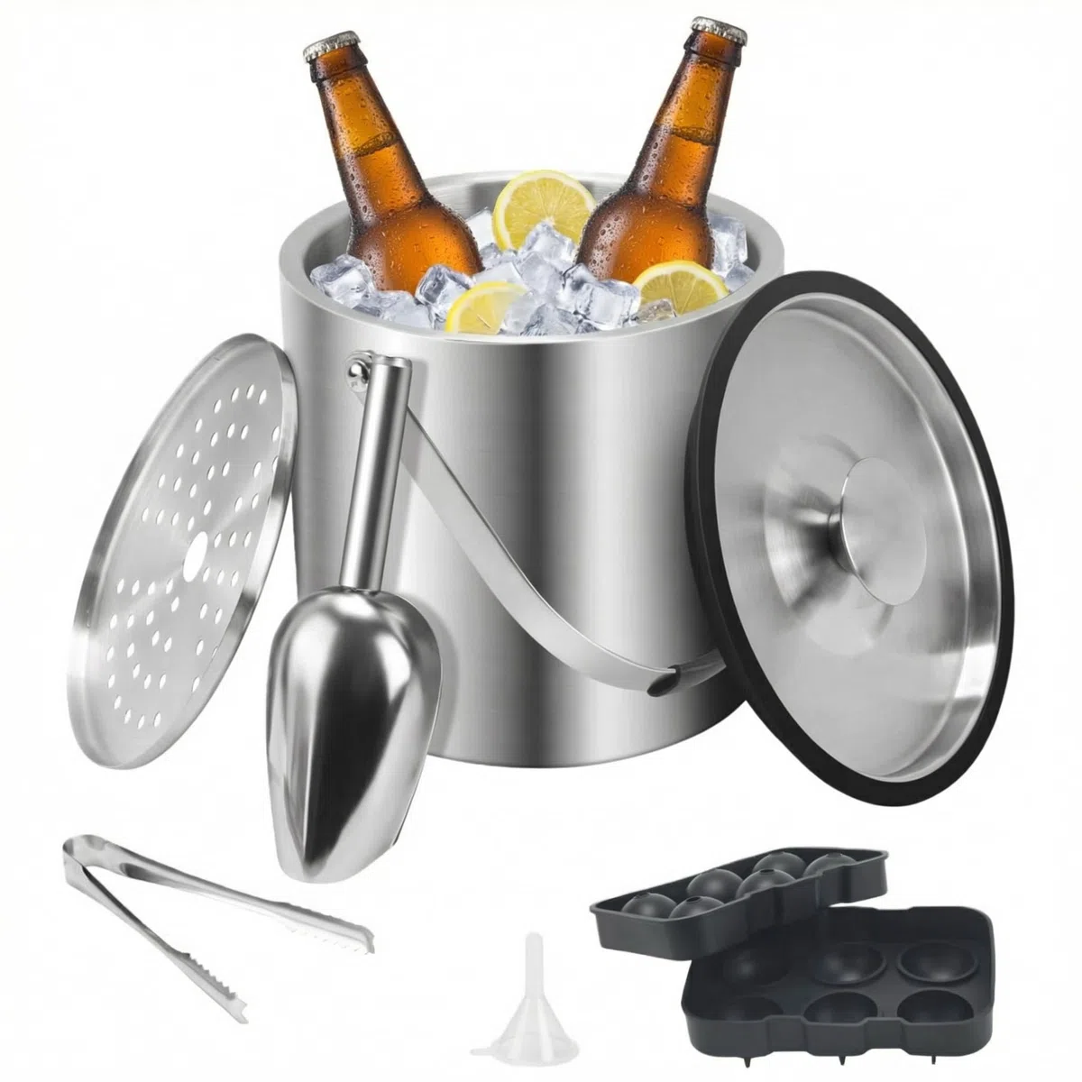 3L cubiteras para hielo grande hielera portátil cubiteras para botellas de doble pared de acero inoxidable champanera con Tapa Colador Cuchara hielo cubitos de hielo y Pinza