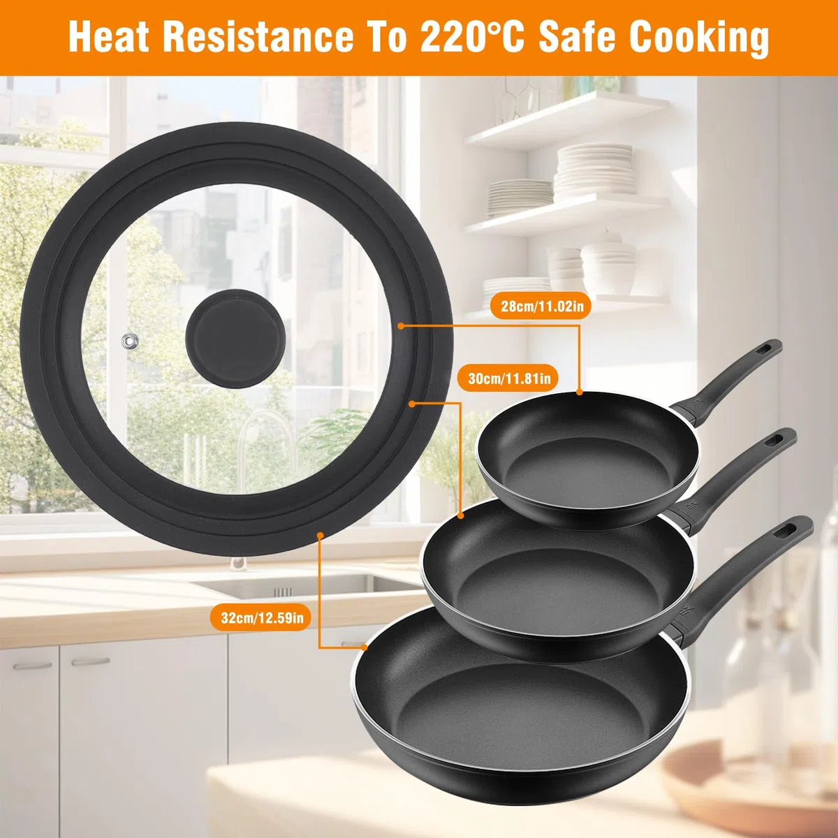 Tapa Sarten Universal para 28cm / 30cm / 32cm Diámetro, Tapas Cristal con Borde Silicona Graduado & Orificio Vapor, Tapa Resistente Calor Multiusos para Sartenes, Ollas, Cacerola (Negro)