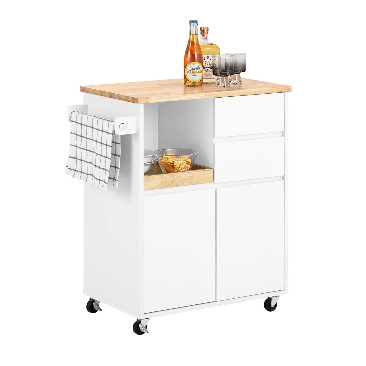 SoBuy Isla de Cocina con Ruedas con Freno y encimera, 72x84x40 cm, Cocina | Carrito Cocina con 2 cajones, 2 puertas, toallero y bandeja, gran almacenaje, carga de 77 kg, MDP/PB, para cocina, FKW123-WN