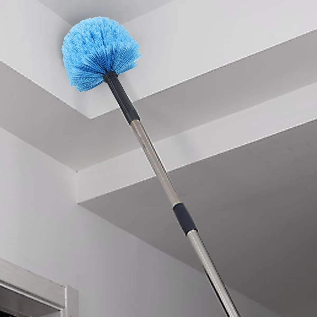 Plumero de telaraña con mango telescópico, escoba telescópica de acero inoxidable con mango largo con barra de extensión para limpiar techos, paredes, interiores y exteriores (B)