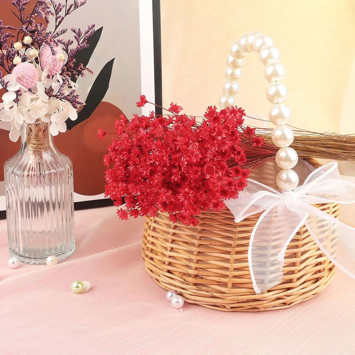 300 Piezas Flores Secas Brasileñas Flores Mini Flores Secas Naranja Flores Naturales de Gypsophila del Hogar Pequeña Estrella Decorativas (Rojo)