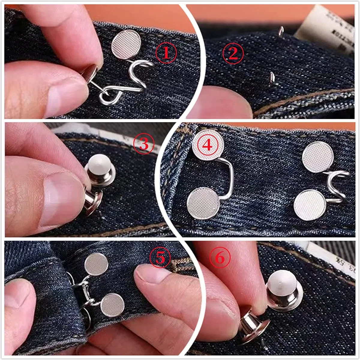 Juego de 36 broches de botón de mezclilla ajustables, hebilla de cintura, no requiere costura, tensor de cintura para pantalones vaqueros, ajuste instantáneo de vestido, 6 juegos (estilo A)