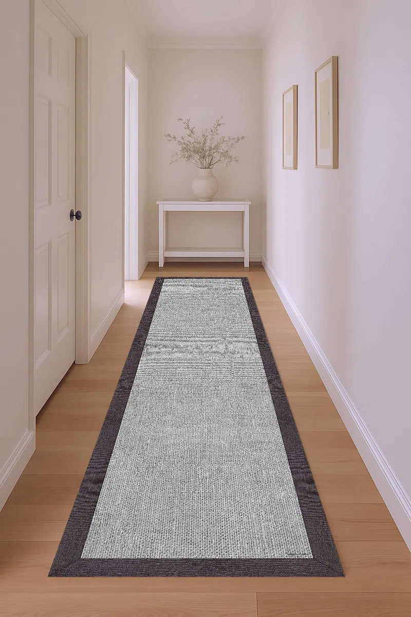 DobleUve Estudio Alfombra Vinílica Impresa Yute Marco Gris 47x80 | Antideslizante y Lavable para Cocina | Ideal para Verano