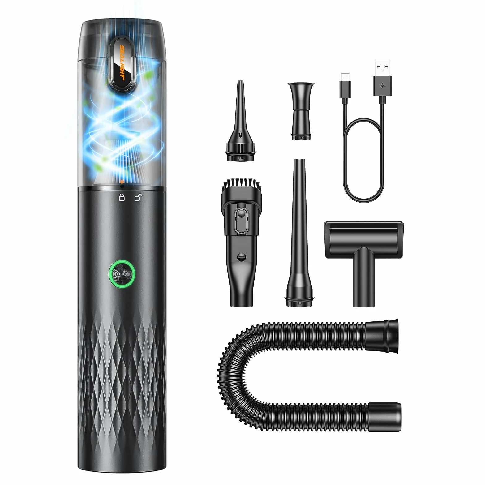 SEALIGHT Aspirador de Mano, 18000pa Aspirador Coche Potente, 2 Niveles de Succión, 40 Minutos de Autonomía, 9 En 1 Aspirador Y Soplador (Negro)