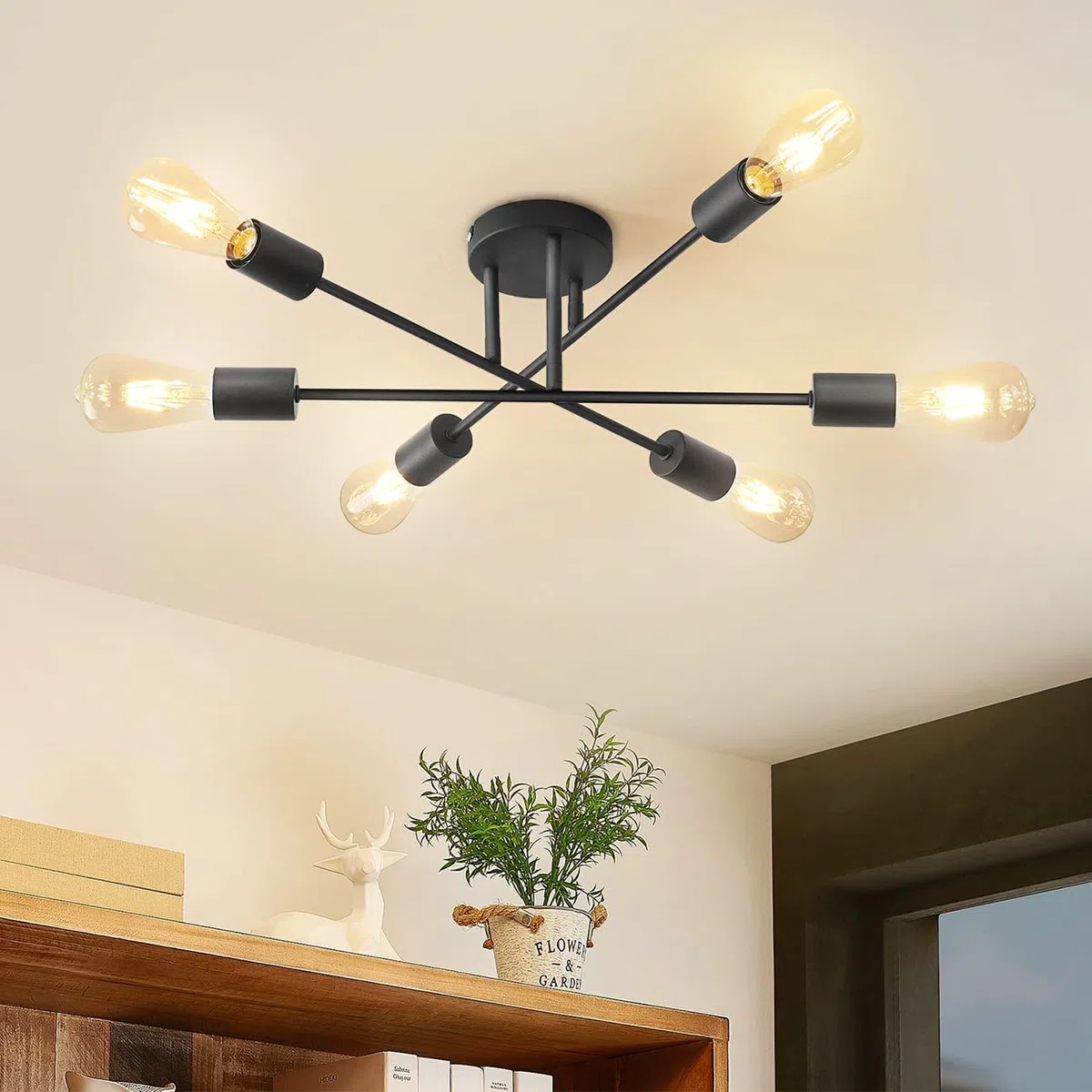ANWIO Lámpara de Araña Negra, Lámpara Colgante de 6 Brazos con Casquillo E27 para Cocina, Sala de Estar, Dormitorio, Comedor, Pasillo, Almacén (Sin Bombillas)