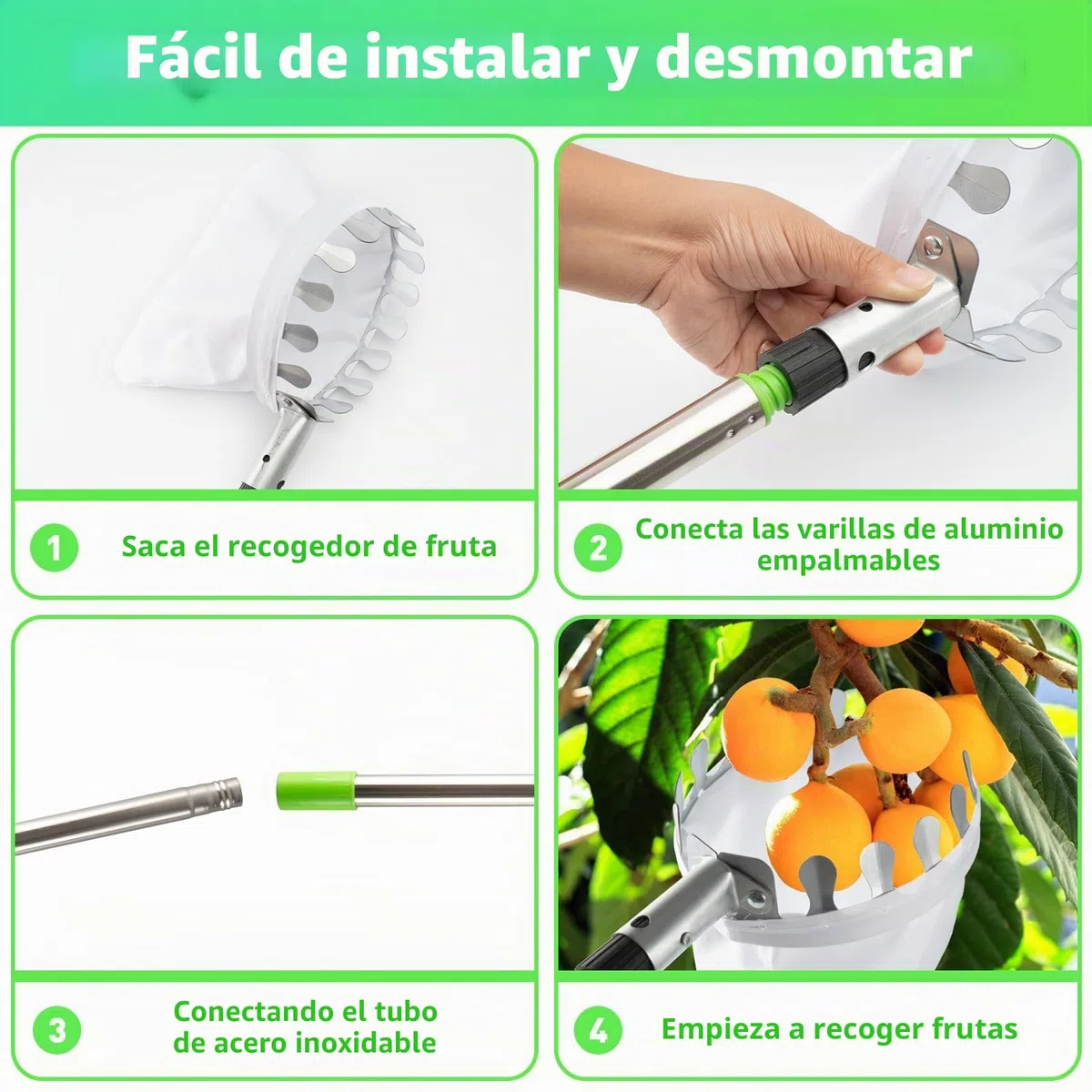 KOMABLEN 4M Recoge Frutas Telescopico, Recogedor de Frutas acero Inoxidable Ligero y bolsa de tela, Recogedor Recolector de Frutas para Manzanas, Naranjas, Peras, cítricos