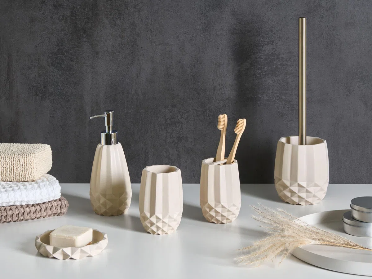 Conjunto de 5 Accesorios de baño jabonera dispensador de jabón escobilla de Inodoro Vaso Soporte para cepillos de Dientes Beige Samiria