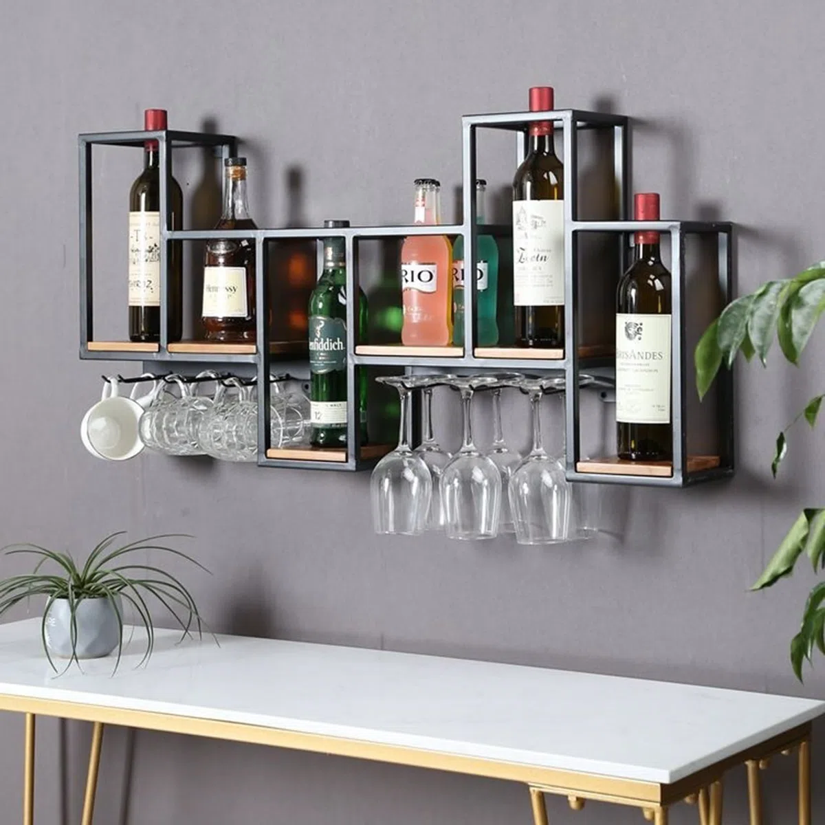 Estantería de Botellas de Vino, Botellero de Hierro de Estilo Industrial, Enfriador de Vino Montado En La Pared con Botelleros Botellero de Almacenamiento Multifuncional