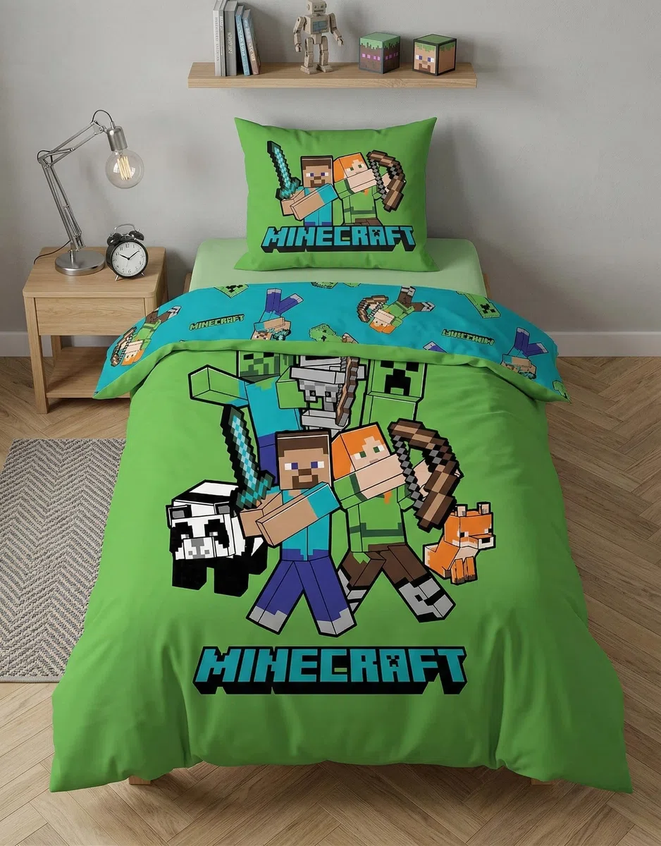 Minecraft Classic Crew Funda Nórdica Cama 90 140x200 + Funda Almohada Verde | Ropa de cama reversible | Algodón natural transpirable Oeko-Tex | Licencia Minecraft | 6-14 años | Regalo | Idea regalo