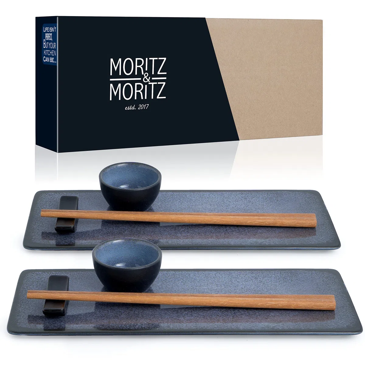 Moritz & Moritz Vajilla Sushi - Platos Sushi Ceramica - Plates Set 10 Piezas para 2 Personas - Plato Sushi con Palillos Soporte de Palillos Cuencos para Wasabi