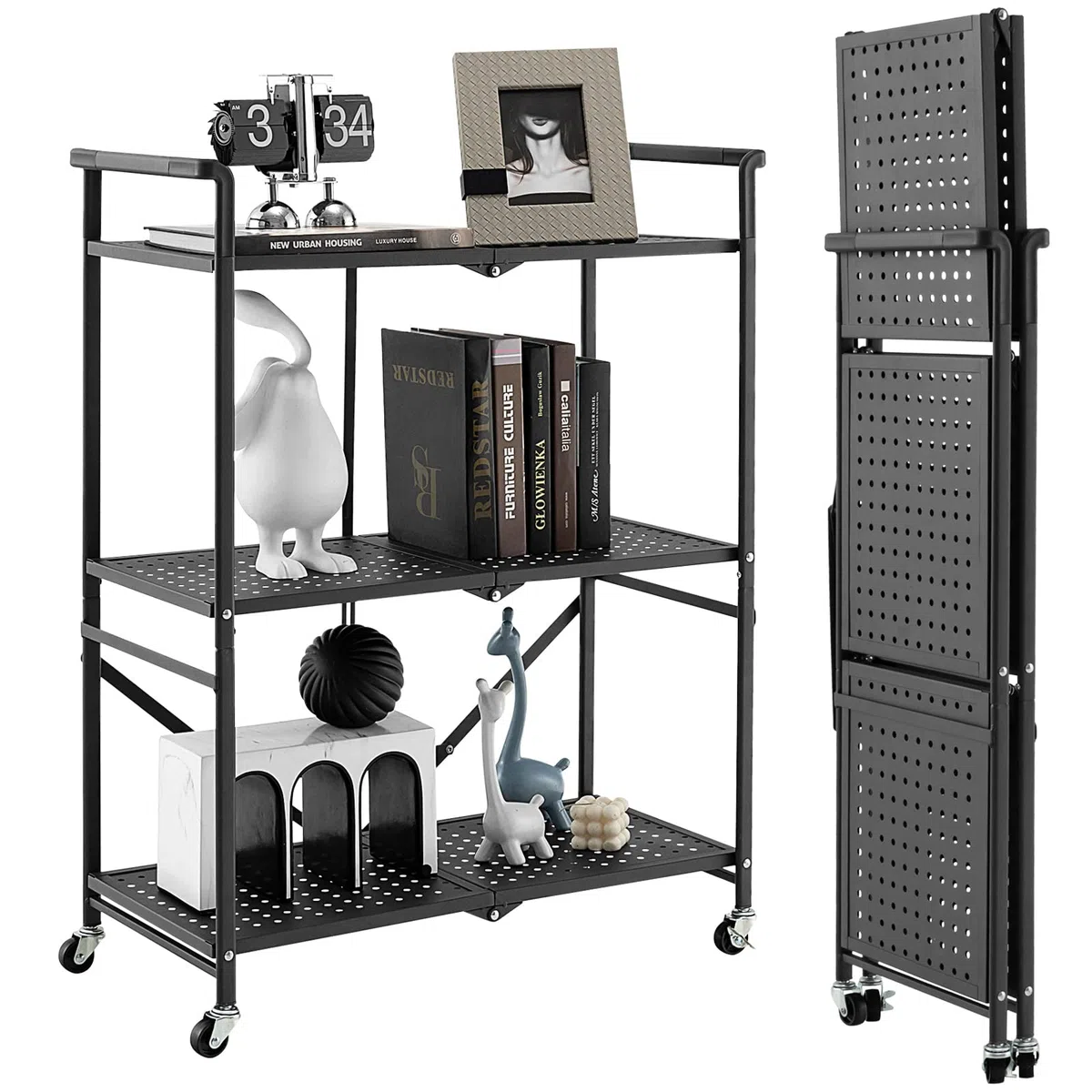KOMFOTTEU Carrito de Cocina Plegable de 3 Niveles, Carro Auxiliar de Metal, Estantería para Microondas con Ruedas, Carro de Servicio, Carro de Almacenaje para Salón, Pasillo, 73 x 33 x 94 cm, Negro