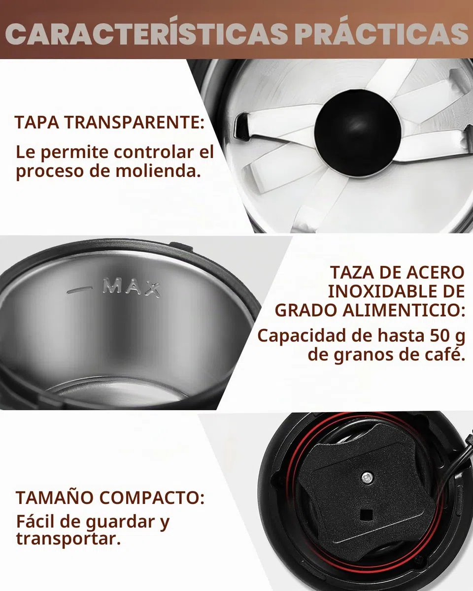 Molino de Café Eléctrico de Acero Inoxidable, 150W 22000 RPM Alta Velocidad, Capacidad 50g, Molinillo Compacto para Granos de Café, Nueces, Especias y Semillas (9.7x9.7x17.8cm)