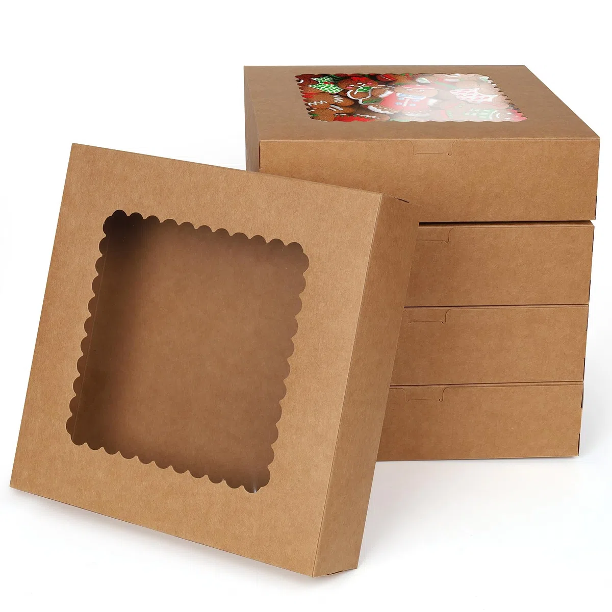 20 Piezas Caja de Reposteria Cartón Kraft, 25,4 x 25,4 x 6,4 cm Caja de Regalo con Ventana para Embalaje de Pastelería, Cupcakes, Tartas, Donuts, Bizcochos, Galletas Navidad